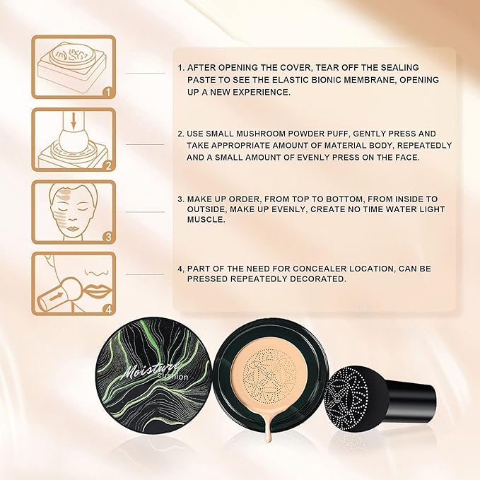 Mushroom Head Air Cushion CC Cream - BB Cream Long-Lasting Color Changing Foundation, Full Coverage Concealer for Older Women, Moisturizing & Brightening Foundation for Mature Skin Makeup (Deep)