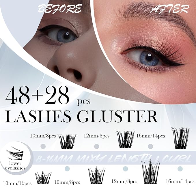 Luxury Lash Clusters Kit - Wispy & Fluffy Cluster Eyelash Extensions 8-16mm, 150H Wear | Korean Hypoallergenic PBT Fibers, Waterproof Glue & Seal | Gift Ready Premium Box (Mix-black box)
