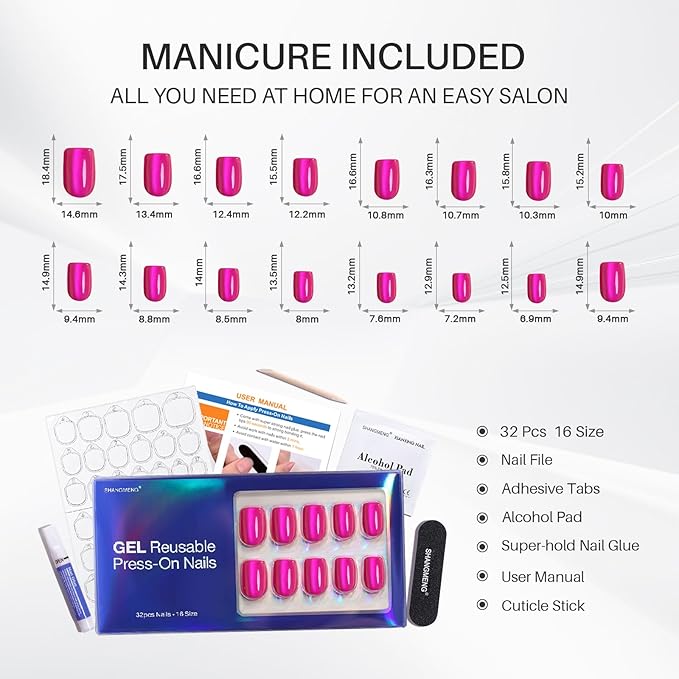 SHANGMENG Hot Pink Press on Nails Short - Cat Eye Press on Nails Square for Women Gift, Natural Fit & Glossy Stick on Nails in 16 Sizes - 32 Reusable Soft Gel Fake Nails with Glue, Hot Pink