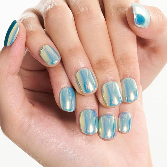 GLAMERMAID Light Blue Chrome Extra Short Press on Nails, Glazed Handmade Pure Blue Fake Nails Short Squoval, Mirror Powder Square Glue on Nails, Acrylic False Nails, Glossy Round Fake Nails for Women