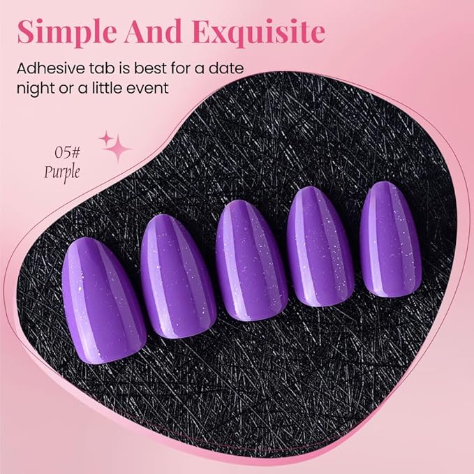 evpct Press on Nails Almond Short, Violet Purple Glitter Shimmer Shiny Short Almond Fake Nails for Women Gift, Soft Gel Press Stick on Nails with Nail Kit 30Pcs Reusable Acrylic Fake Nail Manicure Kit