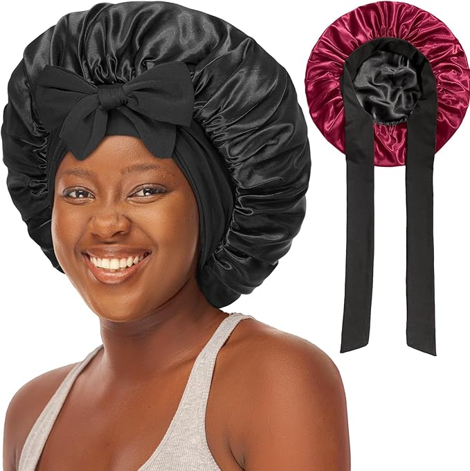 Double Layered Silk Satin Bonnet with Tie for Sleeping Black Women, Wide Band Large Hair Wrap Sleep Cap for Curly Hair Braid