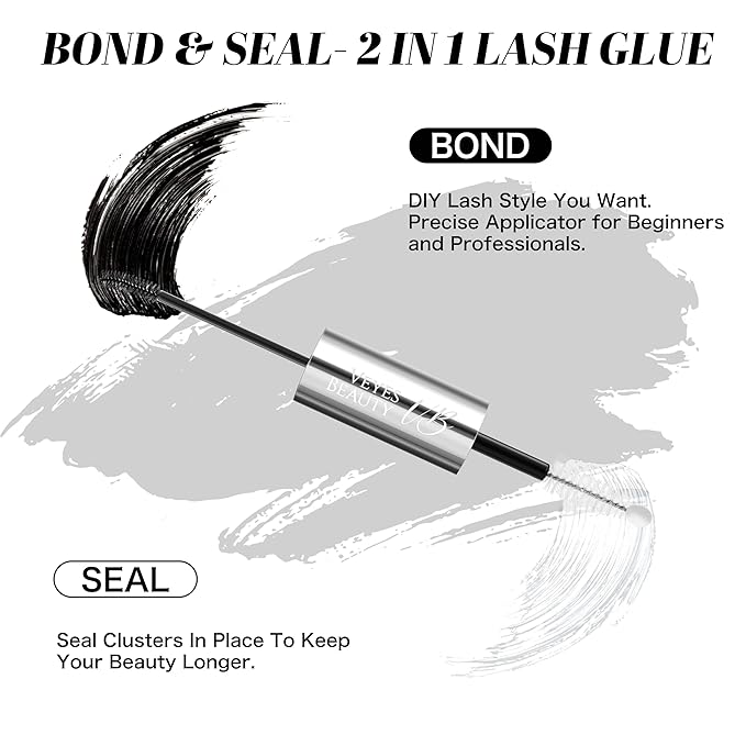 VEYESBEAUTY Lash Bond and Seal Waterproof 2 in 1 Cluster Lash Glue for Eyelash Extensions Long Lasting Strong Hold Individual Eyelash Glue for DIY Lash Extensions Self Use at Home 7ml+7ml