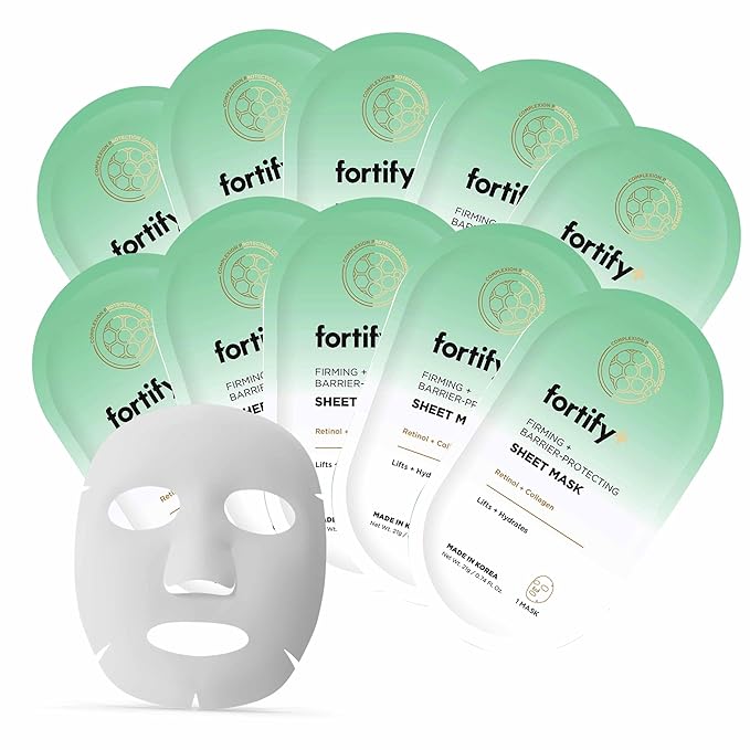 Fortify Skincare Face Mask with Retinol and Collagen - Dermatologist Tested, Anti Aging - Firming & Barrier Protecting - 3-in-1: Detox - Treat- Boost - Clean Beauty, Korean Skin Care, 10 Sheet Masks