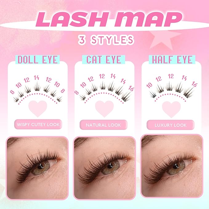 Lash Clusters Spiky Brown Manga Lash Clusters Looks Like Eyelash Extensions 144Pcs 8-16MM C Curl Dark Brown Doll Anime Cluser Lashes Thin Band Soft Doe Eyed Individual Lashes (Lavender-Brown)