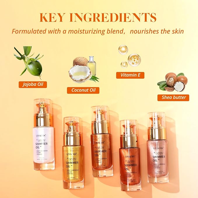 Liyalan Shimmer Body Oil Golden Brown Color 1.0 fl.oz Face Glow Pearl Highlighter Illuminator Long-Lasting Shine Glitter Liquid Tanning with Makeup Brush