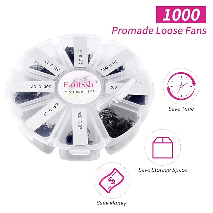 Lash Extension 1000 20D Mixed Premade Fans Eyelash Extensions D Curl Promades Eyelash Volume Lash Extensions Loose Fans Pre Made Volume Lashes Pointed Base (20D-0.07D, 15-20mm)