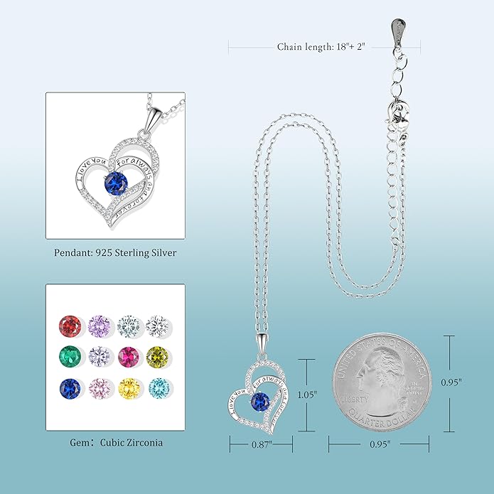 LynChoe Birthday Gifts Double Heart Birthstone Necklace for Women, S925 Sterling Silver Pendant Necklace Jewelry for Her Mother Mom Wife Girlfriend