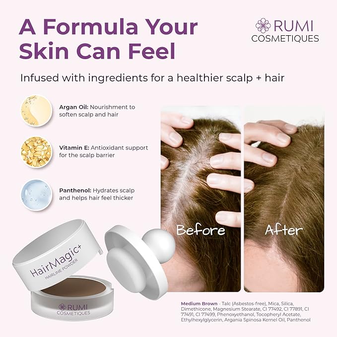 Rumi Cosmetiques HairMagic+ Root Touch Up Powder for Mature Women – Instant Gray Hair Coverage & Hairline Filler – Water-Resistant, Natural Finish, with Argan Oil & Vitamin E (Medium Brown)