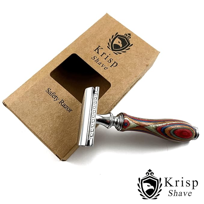 Krisp Shave Long Wood Handle Safety Razor for Men Women - Double Edge Manual Razor - Fits All Double Edge Razor Blade - Comes With 5 Shaving Blades, Multi Color, 4.2 inch long