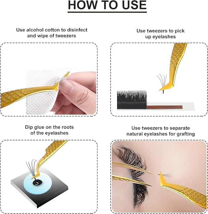 SIVOTE Eyelash Extension Tweezers Fiber Tips Japanese Steel, Set of 6, Curved, Dolphin, 90 Degree 45 Degree, Volume Boot & Slight Curved Tweezer, Gold
