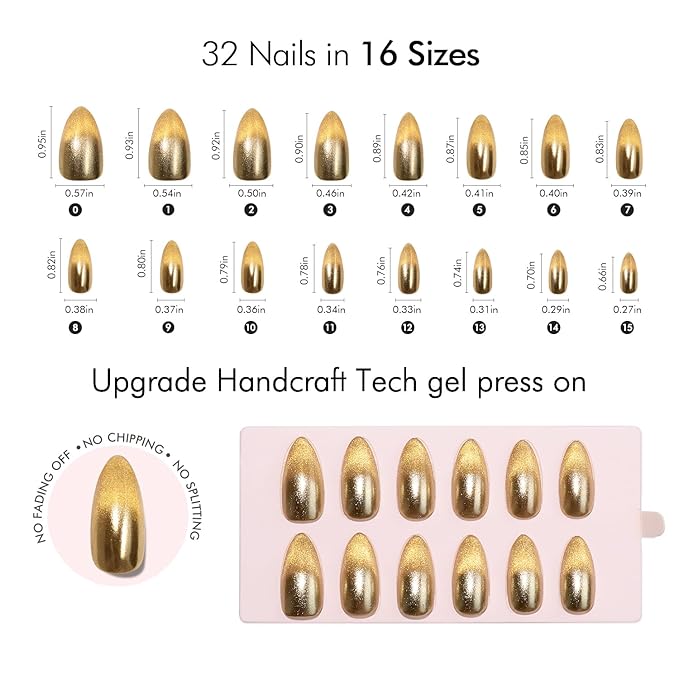 VSALON Press on Nails Medium Almond - Metallic Golden Ombre Cat Eye Glue On Nails for Women, New Year Salon Quality Fake Nails - 32 PCS Stick on Nails in 16 Sizes with Glue & Cuticle Oil