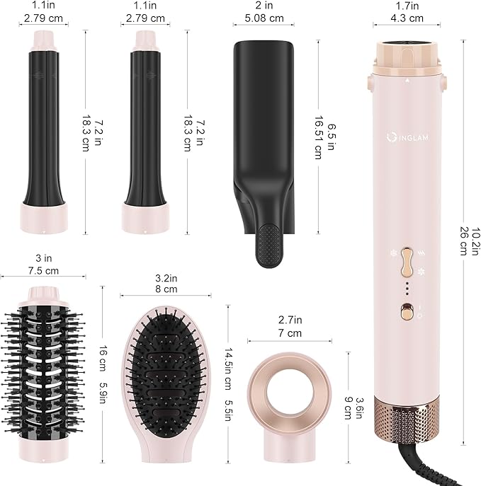 6-in-1 Hair Dryer Brush, 110,000 RPM High Speed Hair Dryer with Air Straightener, 28mm AUTO Curlers, IG INGLAM MegaAIR 2.0 Multi-styler Set Volumizing and Shape, Pink