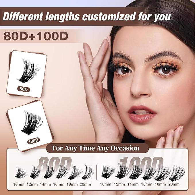 AILAISHI Lash Clusters Kit, DIY Cluster Eyelash Extensions 10‑20mm, 80D+100D, 216pcs Fluffy D Curl Natural Lashes–Fake Cat Eye Individual Clusters