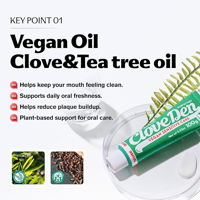 CloveDen Vegan Fluoride Toothpaste for Sensitive Teeth – Potassium Nitrate & Hydroxyapatite Enamel Support, Anti-Plaque Gum Care, Sensitivity Relief Formula, SLS-Free, Clove Mint, 3.52oz / 100g