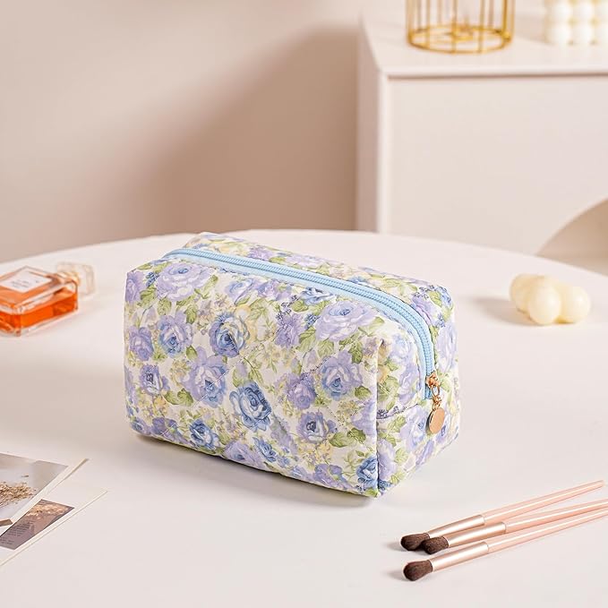 Cute Floral Makeup Bag Small Cotton Quilted Cosmetic Bag, Aesthetic Essential Bag Emergency Bag Gift for Women Girls Travel Accessories (Blue Rose)
