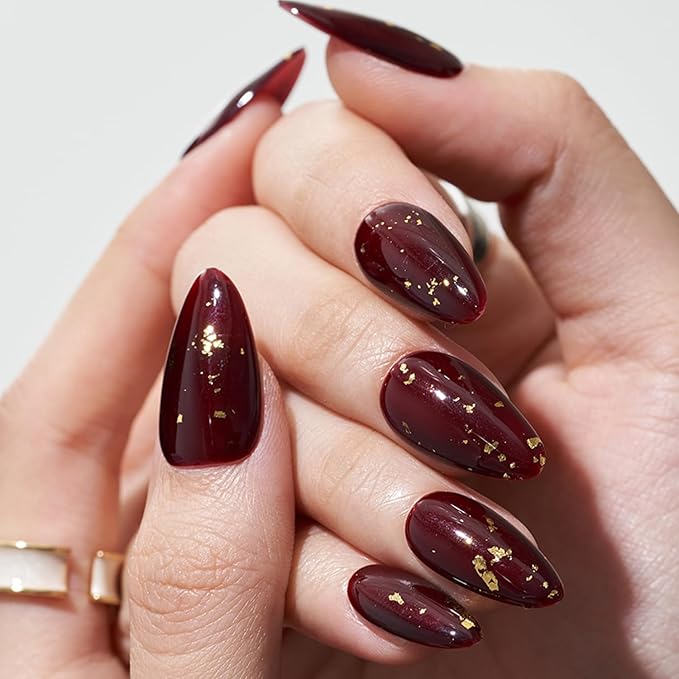 GLAMERMAID Burgundy Press on Nails Medium Almond, Deep Dark Red Glitter Hamdmade Gel False Nals, Stiletto Glue on Nails Kit for Women, Reusable Short Oval Emo Stick on Acrylic Fake Nails Manicure Set