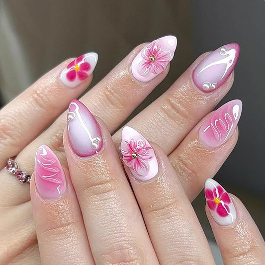 24Pcs Pink Press on Nails Floral False Nails Medium Almond Nails for Summer,Handmade Manicure Flower Nails Press On Nails Design with Adhesive Nail File Set Acrylic Nail for Women
