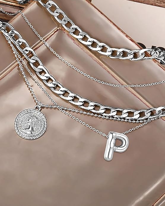 MJartoria Layered Necklaces for Women Trendy Balloon Initial Coin Pendant Necklace Dainty Chunky Chain Choker Necklaces Jewelry Birthday Gifts
