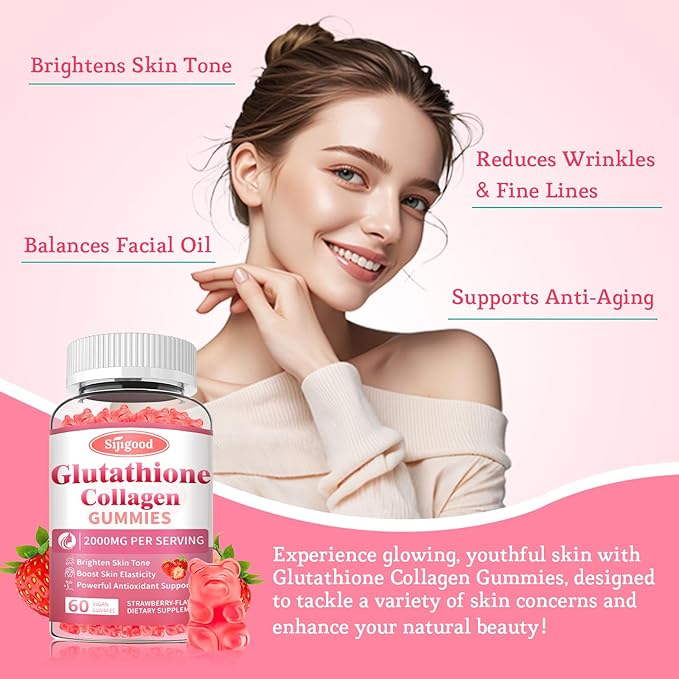 Sijigood 2 Pack Glutathione Collagen Gummies, Skin Brightening & Anti-Aging, Supports Hair, Skin & Nail Health, Glutathione Supplement for Women, Strawberry Flavor, 120 Count