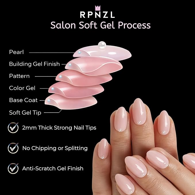 RPNZL Press On Nails - Pearl | Bubble Bath Medium Almond Fake Nails With Pearl Design, Reusable Salon Quality | 32 Nails, 16 Sizes Kit with Glue and Adhesive Tabs I Female Founded