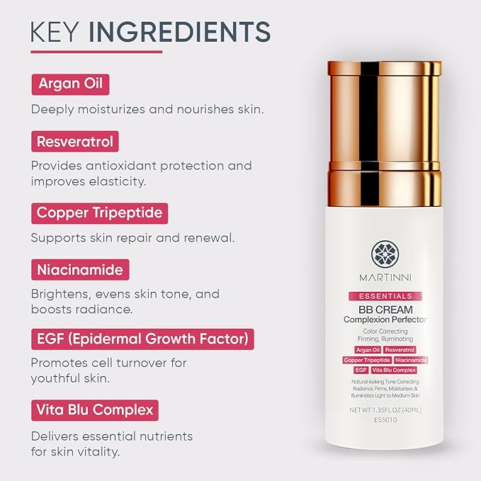 Martinni Lightweight BB Cream Complexion Perfector, 1.35 fl oz – Anti-Aging Tinted Moisturizer for Face – Reduces Fine Lines & Wrinkles, Radiant Natural Glow