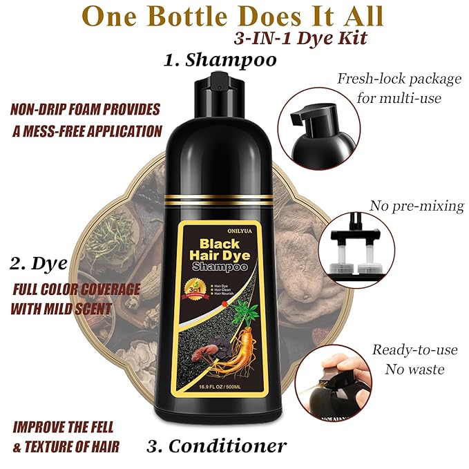 iemokoda Instant Black Hair Dye Shampoo 3- in-1, 100 Percent Gray Coverage, Magic in 15 Minutes for All Types, Natural Women & Men, Color Depositing Conditioner, Easy to Use