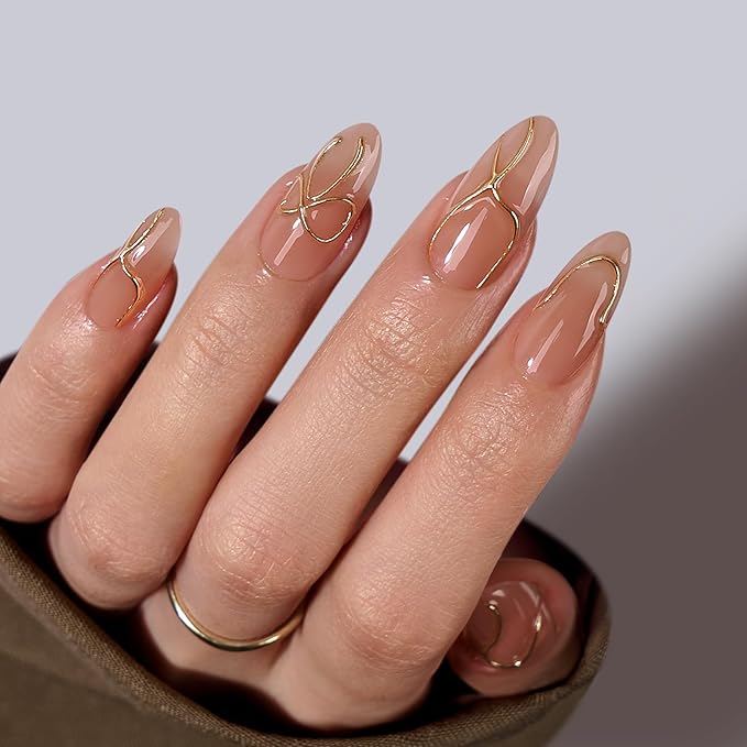 BTArtbox Press On Nails Almond - Press On nails with 3D Gold Lines Design, Medium Glue On Nails with Nail Glue, Gold Swirl Stick On Nails in 15 Sizes, Radiant Ribbons