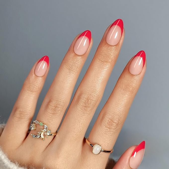 SHANGMENG Red French Tip Press on Nails Short - Soft Gel Valentines Almond Nails for Women Gift, Fit Perfectly & Natural Glue on Nails with Glue in 16 Sizes - 32 Reusable Fake Nails, Red French