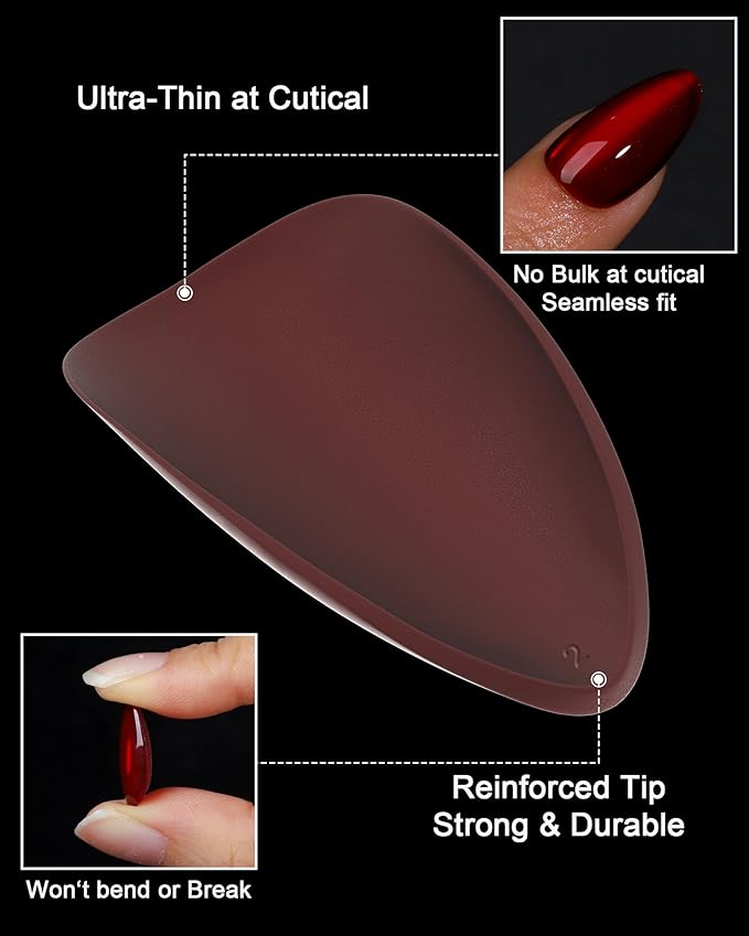 OIFEN Burgundy Red Cat Eye Press on Almond Nails Short 16 Sizes Glass Glossy Gel Fake Manicure with Glue & Stick