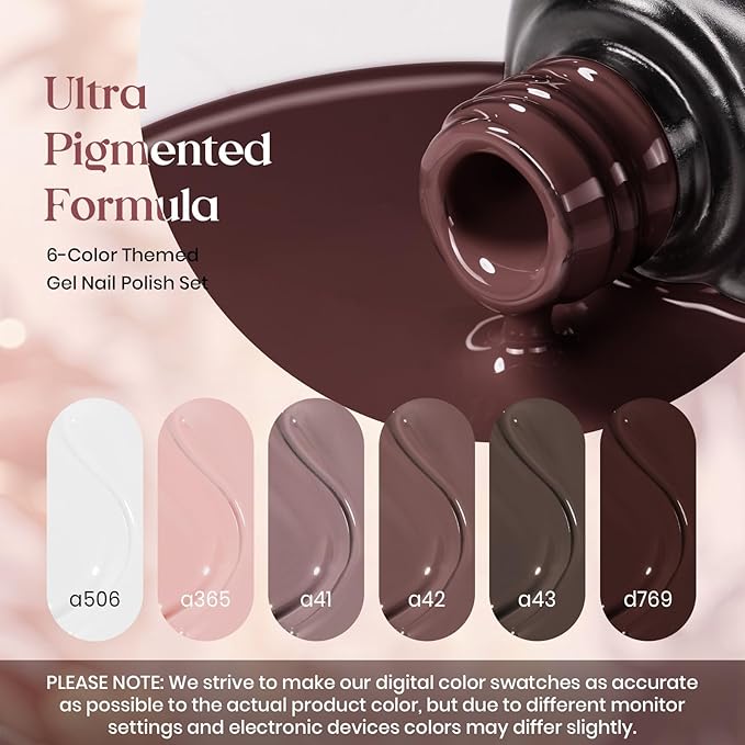 beetles Brown Gel Polish Set - 6 Colors Coffee Brown White Neutral Pink Nude Gel Nail Polish Caramel Cappuccino Soak off Uv Led Lamp Needed Nail Art DIY Spring Manicure Valentines Gift Set