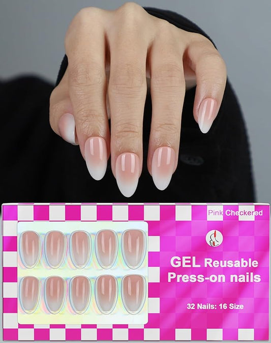Peach Pink Ombre Press On Nails Short 16 Sizes Almond Fake Nails Glossy 32pcs, Nail Glue Included