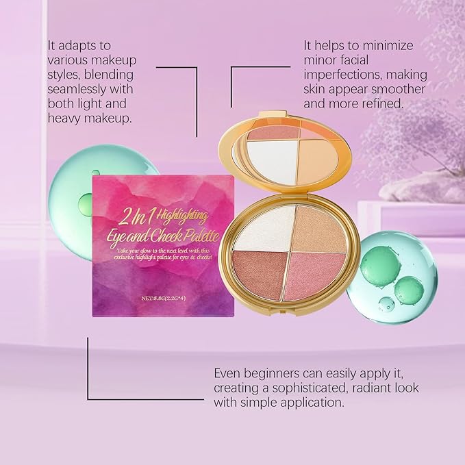 Highlight Eyeshadow and Blush Palette | 2 in 1 Makeup Palette for Eyes & Cheeks | Glow Wardrobe Contour Palette with Highlighter | Smooth Blendable Powder, Compact & Travel Friendly