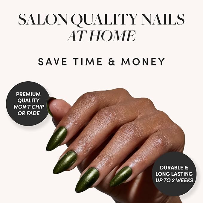 Glamnetic Press On Nails - Cutie Pine | Medium Almond Fake Nails in Deep Evergreen with a Pearl Chrome Finish, Salon Quality Holiday Winter Nails | 15 Sizes - 30 Nail Kit with Glue