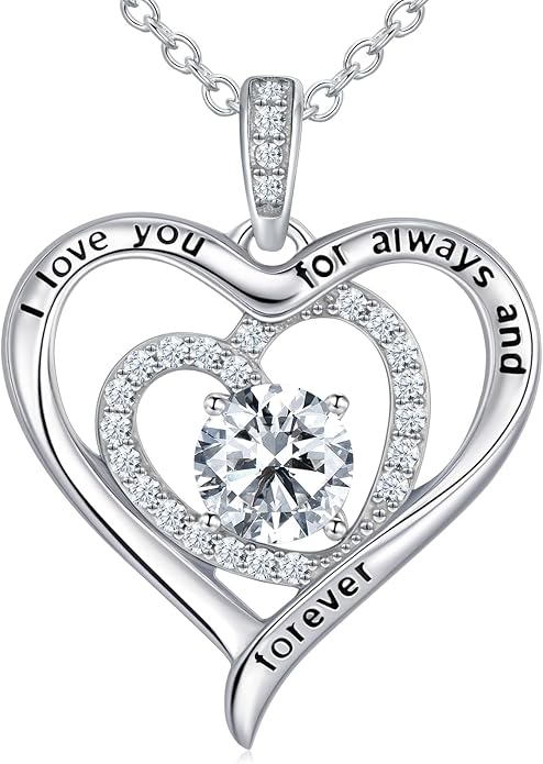 S925 Sterling Silver Necklace for Women, Valentines Day Gifts for Her, Love Heart Birthstone Necklaces for Women, Wife Jewelry, Mom Birthday Valentines Mothers Day Gifts, Girlfriend Necklaces, Daughter Heart Jewel, Anniversary for Her
