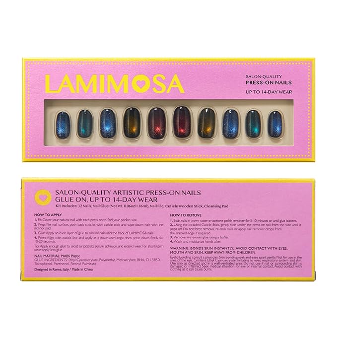 LAMIMOSA 32Pcs Cat Eye Press On Nails Short Round, Soft Gel Black Fake Nails in 16 Sizes, Reusable Glue on Nails Kit, GALAXY
