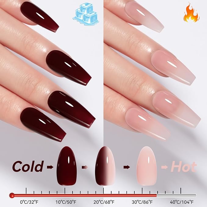 MAYCHAO 15ML Color Changing Gel Nail Polish 1Pc Translucent Nude Pink Burgundy Red Mood Temperature Change Color Soak Off Ombre Thermal Salon Home Fall Winter Manicure UV Varnish, 0.5 OZ