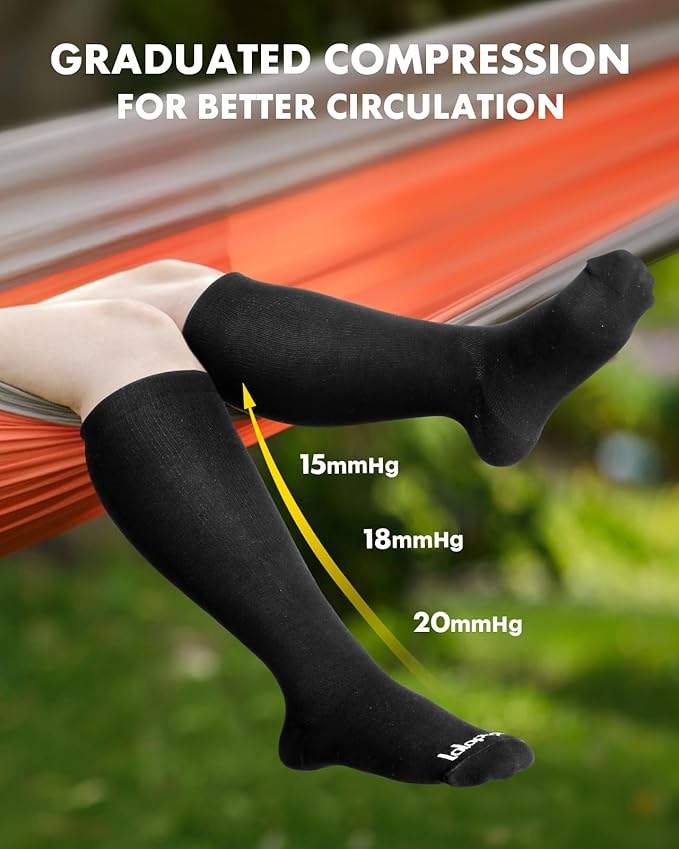 Lalapapa Bamboo Viscose Compression Socks for Women Men 2 Pairs 15-20mmHg Knee High Compression Socks Travel Nurse