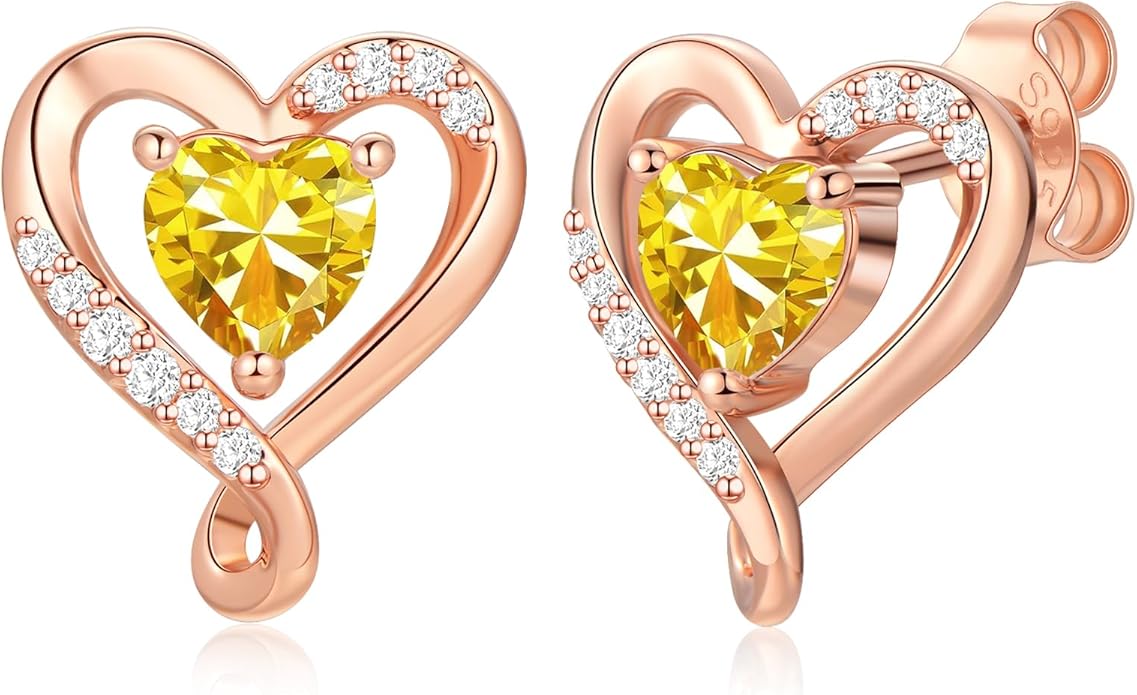Zifeel Earrings for Women, S925 Sterling Silver Rose Gold Birthstone Heart Studs Earring for Girlfriend Wife, Anniversary Birthday Christmas Valentines Mothers Day Gifts Jewelry for Women Wife Her Mom
