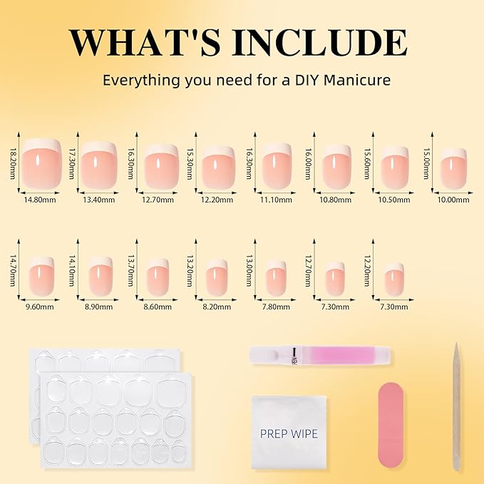 Leefrei French Tip Press On Nails, Short Square Press on Nails White Nails Press Ons for Women Fake Nails with Glue, Glossy Reusable Glue on Nail in 15 Sizes - 30pcs, Porcelain French