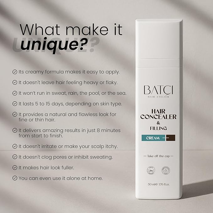 Batcı Hair Concealer & Filling Cream for Bald Spots & Thinning Hair – Waterproof, Sweat-Proof Scalp Coverage – Natural Root Touch-Up Cream for Men & Women – 1.69 Fl Oz 50 ml