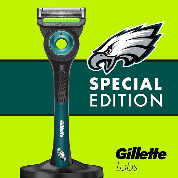 Gillette Labs Special NFL Eagles Edition Shaving Razor for Men - 1 Handle, 4 Razor Blade Refills & Magnetic Stand, GilletteLabs with Exfoliating Bar