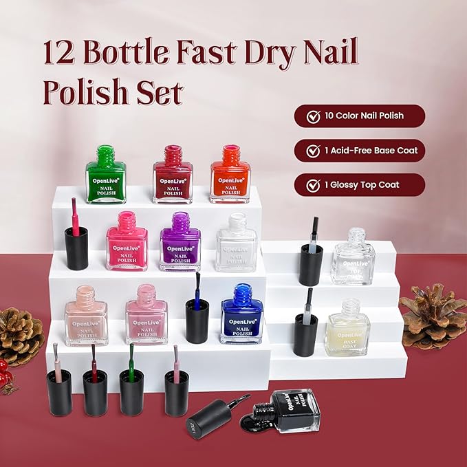 OpenLive 12 PCS Nail Polish Kit With 10 Colors As 2 PCS BASE And TOP Coat Green Blue Red Pink Collection Gifts for Women.
