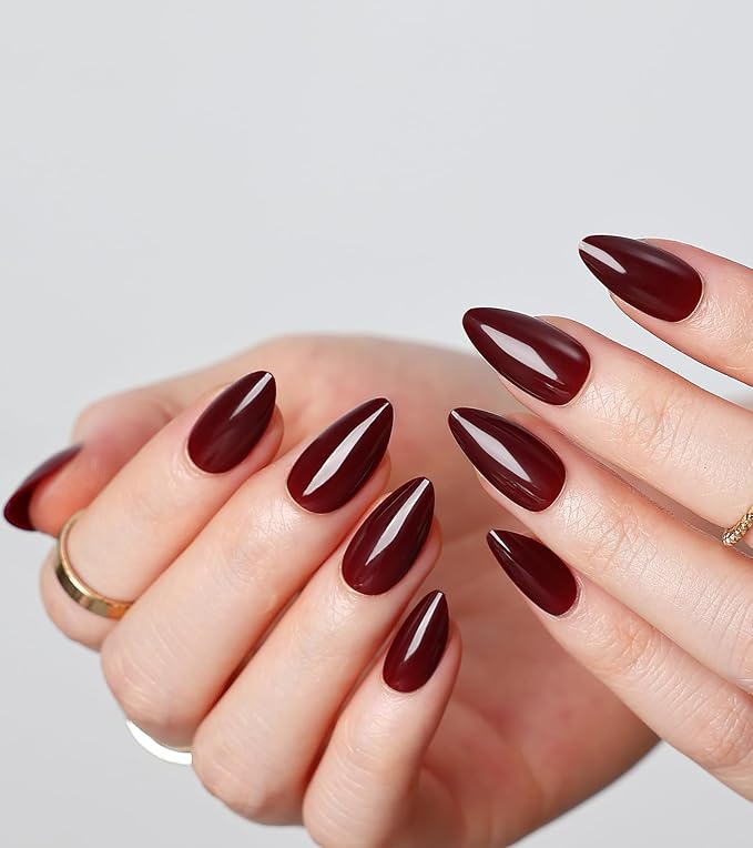 Morily Short Press on Nails Almond, 30Pcs Burgundy Fake Nails in 15 Sizes Glossy Wine Red False Nails Reusable Acrylic Stick on Nails for Women