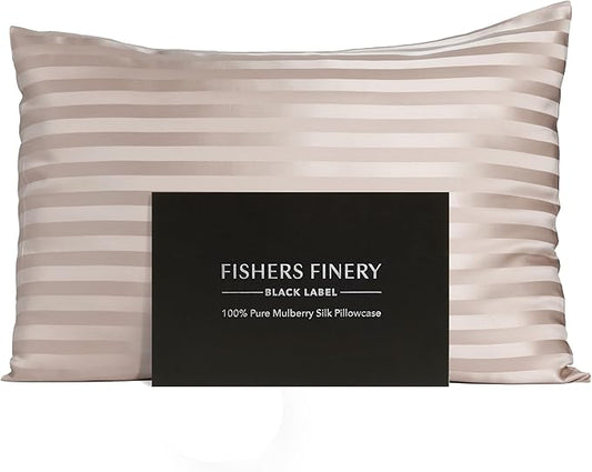 Fishers Finery 30mm 100% Pure Mulberry Silk Pillowcase, Quality Tested (Taupe Stripe, Standard)