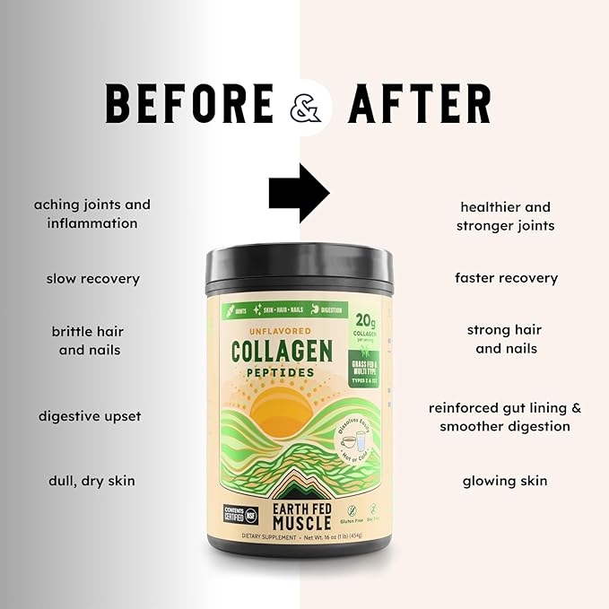 Earth Fed Muscle Collagen Peptides Powder – Unflavored Collagen Protein Powder for Women & Men | Supports Hair, Skin, Nails, Joints & Recovery | Sugar & Gluten-Free, Keto Friendly, 20g Per Serving