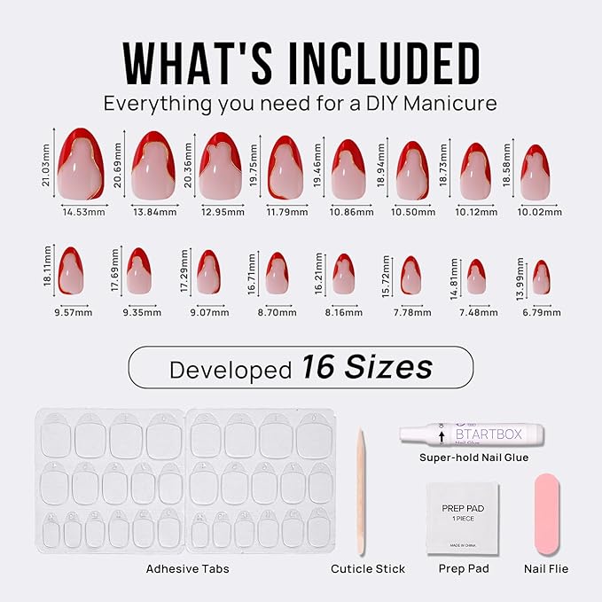 BTArtbox French Tip Press On Nails - Short Almond Red Valentines Press On Nails with Glue and Adhesive Tabs for Women in 16 Sizes - 32 Soft Gel Glue On Nails Kit, Wildfire Waves