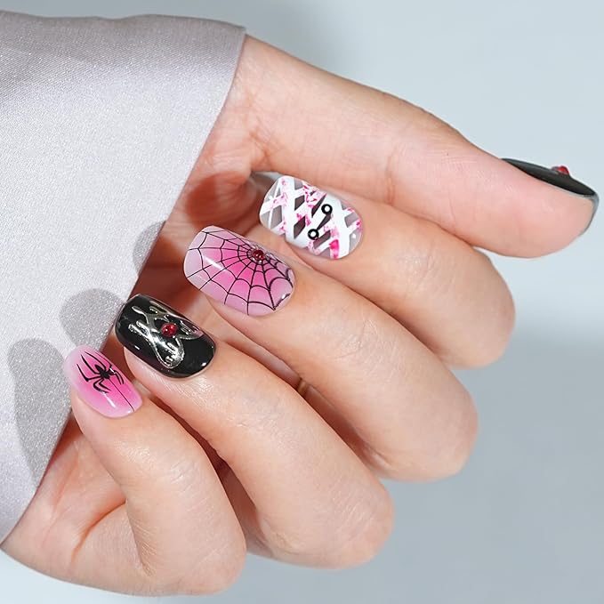 Halloween Press On Nails Short - Mummy’s Crypt,Black Press On Nails Halloween with Spider Web, Acrylic Square Glue On Nails with Nail Glue, Stick On Nails in 16 Sizes - 32 PCS Soft Gel Kit