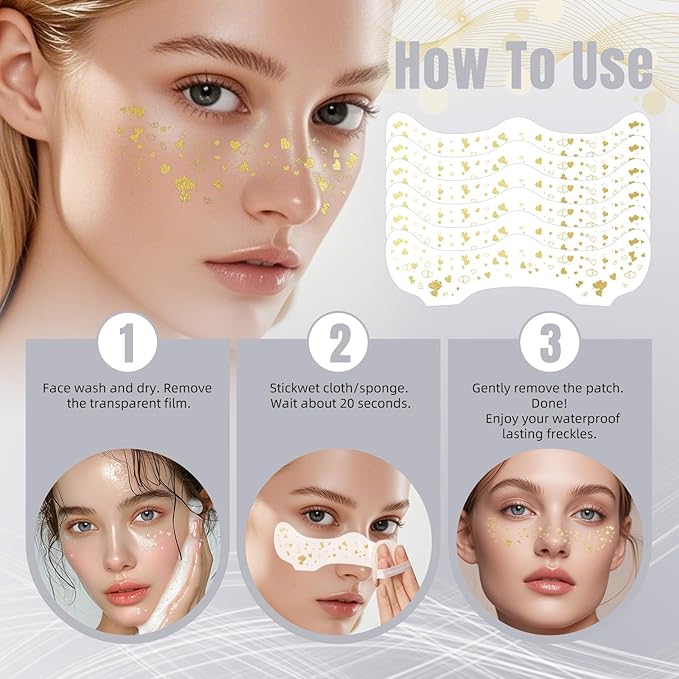 Glitter Freckles - 6PCS Makeup Patches, Gold Face Glitter, Waterproof Glitter Freckles Face Tattoo, Shiny Face Glitter for Kids, Waterproof Face Jewels for Women, Fake Freckles Party Makeup Accessory