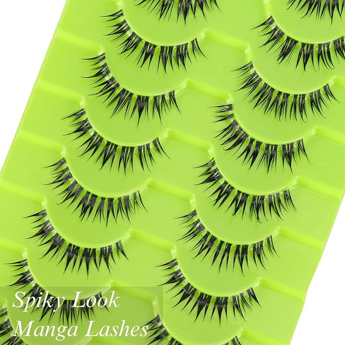 outopen 10 Pairs Manga Lashes Natural Look False Eyelashes Wispy Spiky Anime Lashes Korean Japanese Asian Style Cosplay Fake Eyelashes with Clear Band